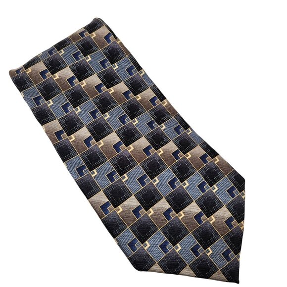 Dockers Mens Geometric Checkered Silk Tie Navy & Brown Korea Vintage Dressy - Picture 1 of 7